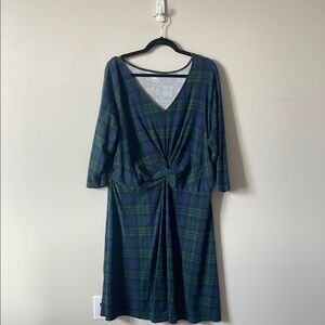 Plaid V-Neck Dress - Green and Blue